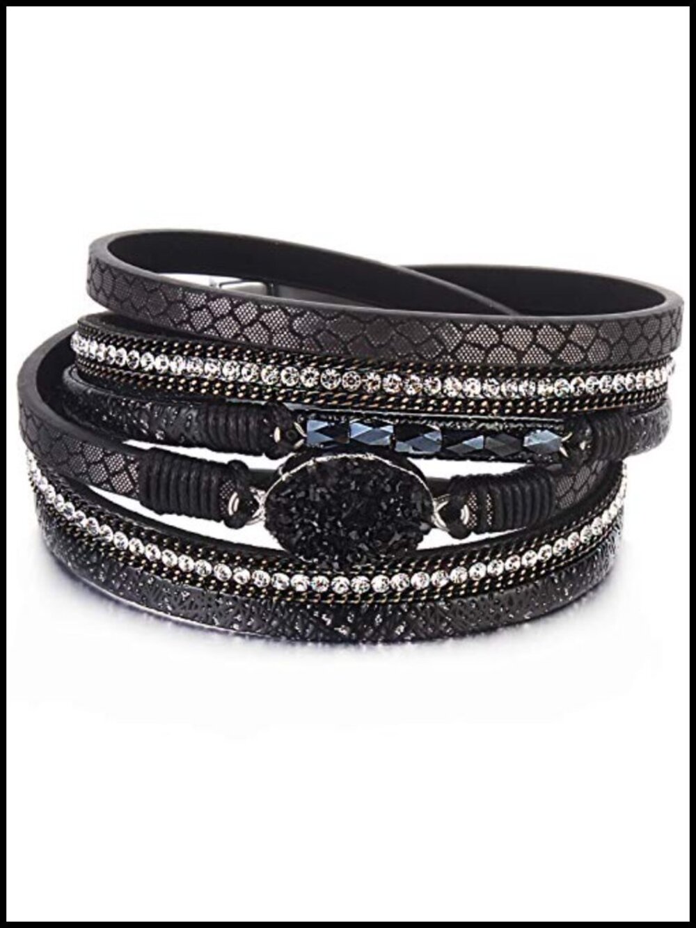 Boho Chunky Leather Wrap Bracelet Stackable Crystal Beaded Magnetic Clasp